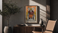 The Emperor poster framed above a fluted sideboard beside a potted tree