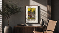 Empress on throne with crown poster framed above a fluted sideboard beside an olive tree