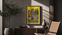 The Empress poster framed above a fluted sideboard beside a potted tree