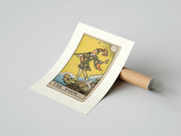 Rolled The Fool tarot card figure poster beside its crush-resistant kraft shipping tube