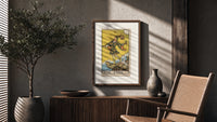 The Fool tarot card figure poster framed above a fluted sideboard beside an olive tree