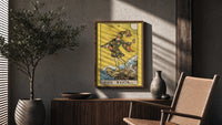 The Fool poster framed above a fluted sideboard beside a potted tree