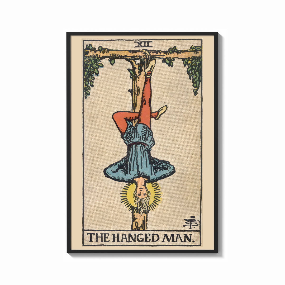 Framed The Hanged Man print shown as a bold statement piece on a clean gallery wall