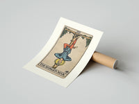 Rolled Man hanging upside down from tree poster beside its crush-resistant kraft shipping tube