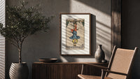 Man hanging upside down from tree poster framed above a fluted sideboard beside an olive tree
