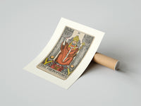 Rolled The Hierophant tarot figure on throne poster beside its crush-resistant kraft shipping tube