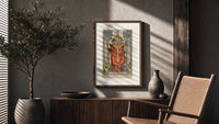 The Hierophant tarot figure on throne poster framed above a fluted sideboard beside an olive tree