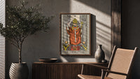 The Hierophant poster framed above a fluted sideboard beside a potted tree