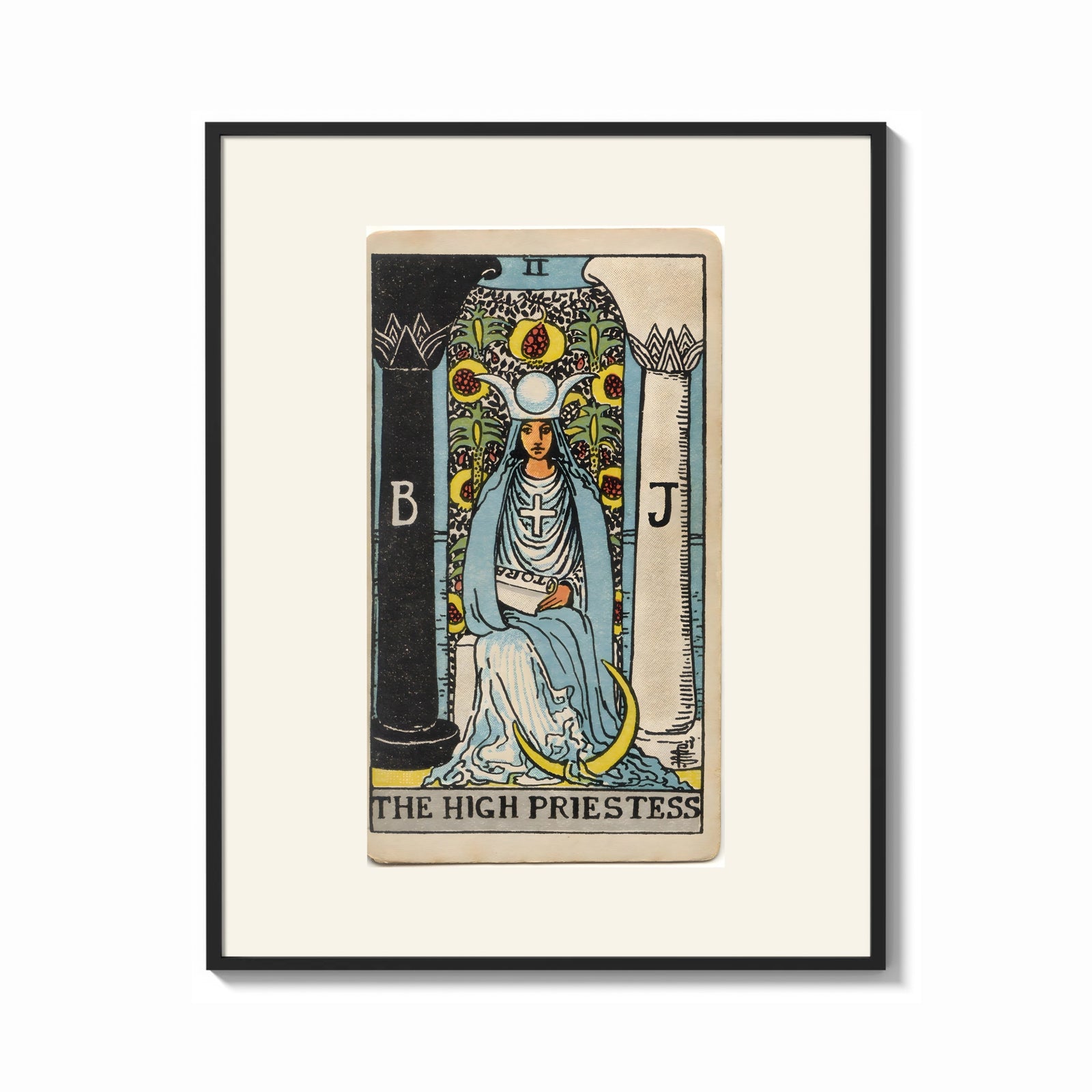 Framed The High Priestess tarot figure print shown as a bold statement piece on a clean gallery wall