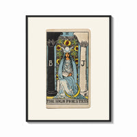 Framed The High Priestess tarot figure print shown as a bold statement piece on a clean gallery wall