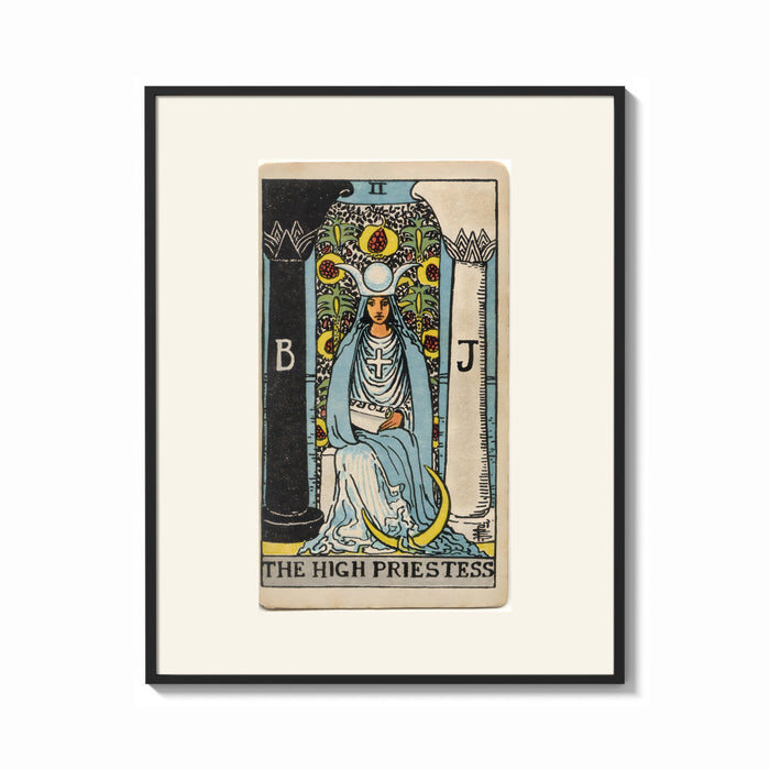Framed The High Priestess tarot figure print shown as a bold statement piece on a clean gallery wall