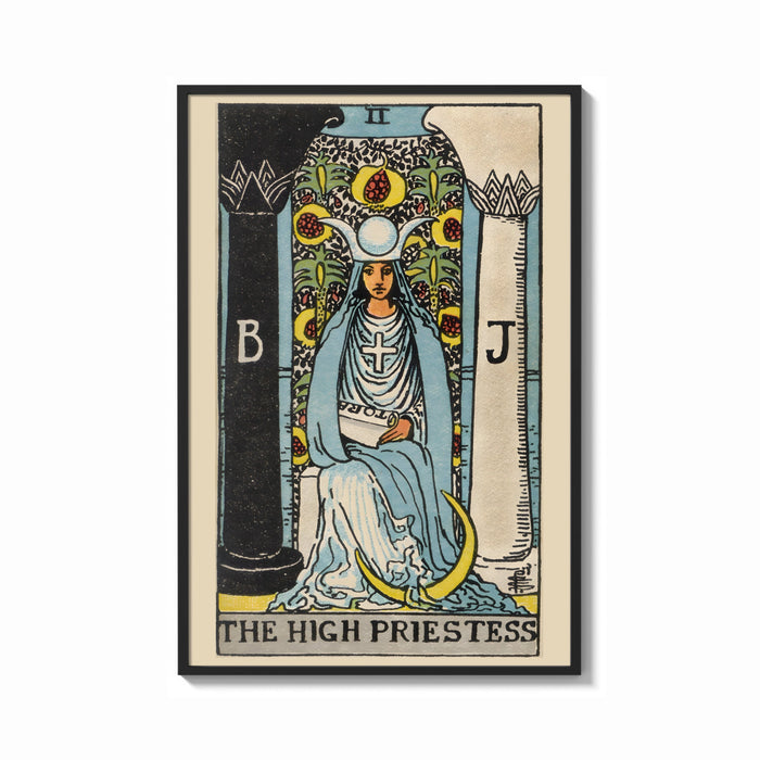 Framed The High Priestess print shown as a bold statement piece on a clean gallery wall