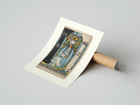 Rolled The High Priestess tarot figure poster beside its crush-resistant kraft shipping tube