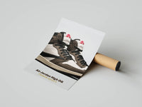 The Highest In The Room Jordan 1 Mocha poster leaning against a brown cardboard shipping tube