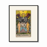 Framed The Lovers tarot card print shown as a bold statement piece on a clean gallery wall