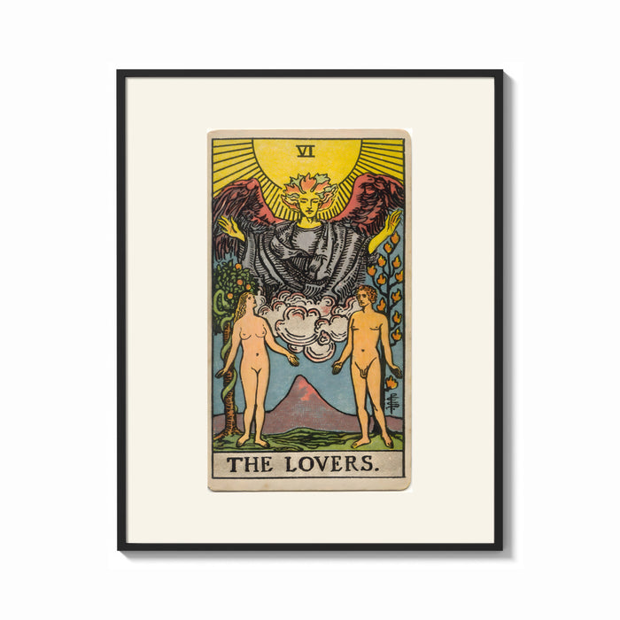 Framed The Lovers tarot card print shown as a bold statement piece on a clean gallery wall