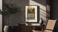 The Lovers tarot card poster framed above a fluted sideboard beside an olive tree