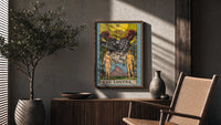 The Lovers poster framed above a fluted sideboard beside a potted tree