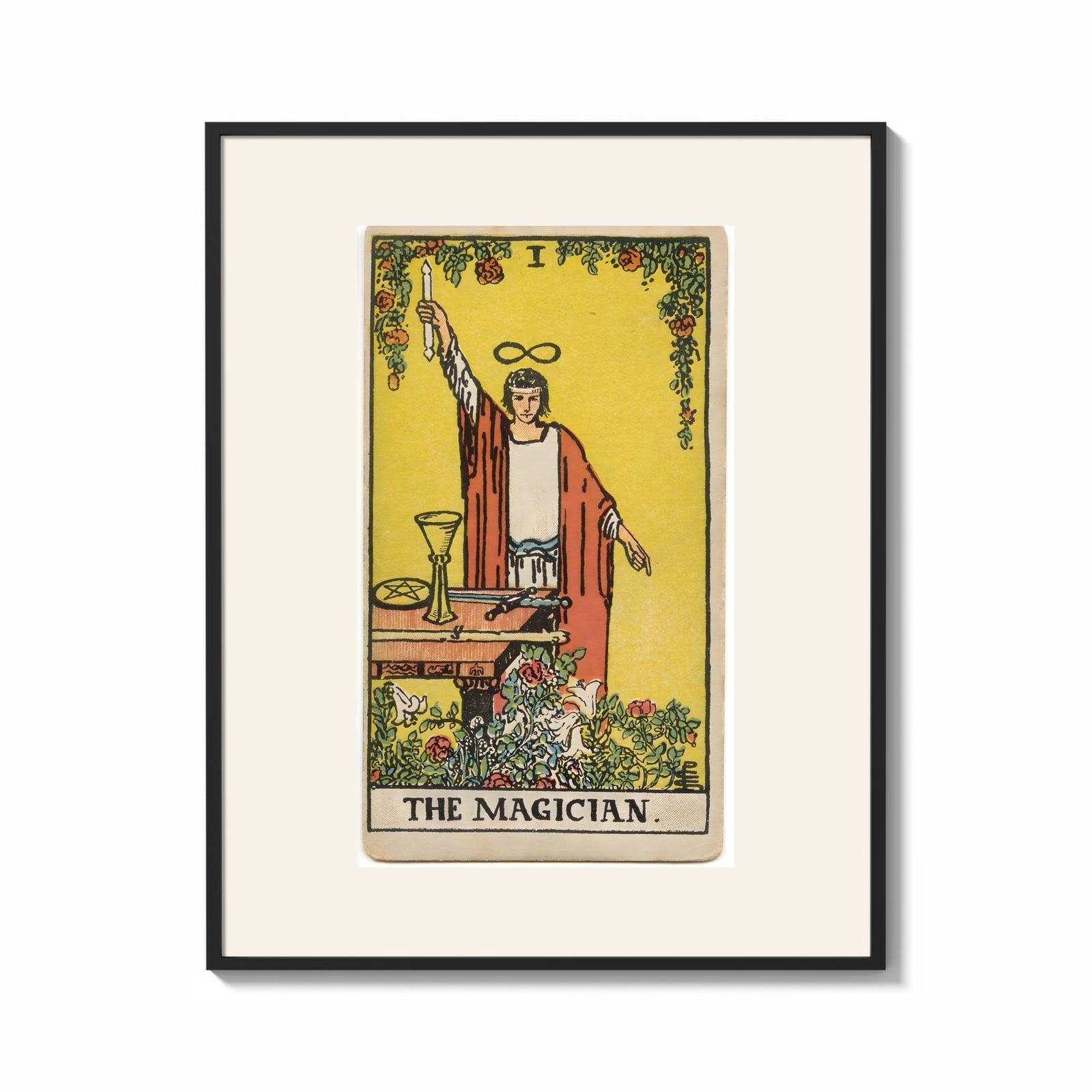 Framed Robed magician raising a wand print shown as a bold statement piece on a clean gallery wall