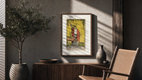 Robed magician raising a wand poster framed above a fluted sideboard beside an olive tree