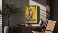 The Magician poster framed above a fluted sideboard beside a potted tree