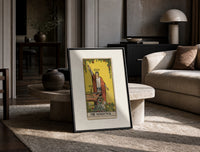 Robed magician raising a wand print in a black frame leaning on a travertine table in a sunlit lounge