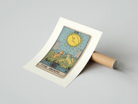 Rolled The Moon tarot card poster beside its crush-resistant kraft shipping tube