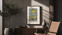 The Moon tarot card poster framed above a fluted sideboard beside an olive tree