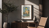 The Star tarot card figure poster framed above a fluted sideboard beside an olive tree