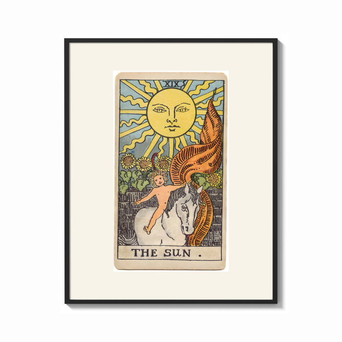 Framed Child on white horse tarot print shown as a bold statement piece on a clean gallery wall