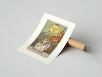 Rolled Child on white horse tarot poster beside its crush-resistant kraft shipping tube