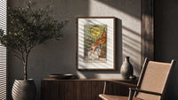 Child on white horse tarot poster framed above a fluted sideboard beside an olive tree