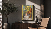 The Sun poster framed above a fluted sideboard beside a potted tree
