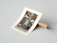 Rolled The Tower tarot card poster beside its crush-resistant kraft shipping tube