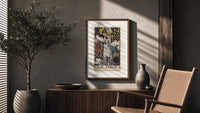 The Tower tarot card poster framed above a fluted sideboard beside an olive tree