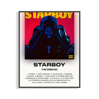 The Weeknd Starboy poster with a blue-tinted portrait on a red background, yellow title and track listing