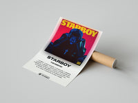 Mockup of the Starboy album poster, red background with a dark blue figure and yellow title text on a wall