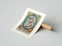 Rolled The World tarot card figure poster beside its crush-resistant kraft shipping tube