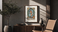 The World tarot card figure poster framed above a fluted sideboard beside an olive tree