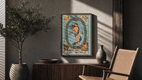 The World poster framed above a fluted sideboard beside a potted tree