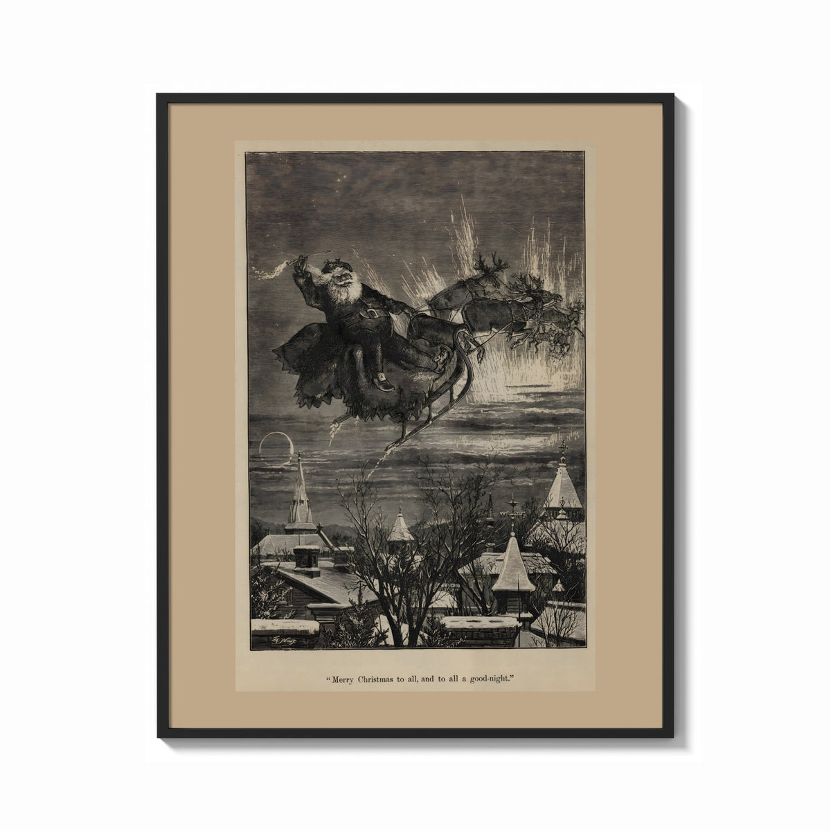 Framed Santa Claus in reindeer sleigh over rooftops print shown as a bold statement piece on a clean gallery wall