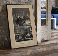 Santa Claus in reindeer sleigh over rooftops print in a black frame leaning beside a vintage door on parquet