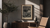 Santa Claus in reindeer sleigh over rooftops poster framed above a fluted sideboard beside an olive tree