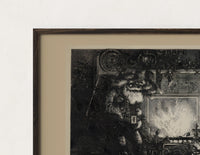 Close-up of the Santa Claus meeting Punch at fireplace print's dark wood frame corner and archival matte paper