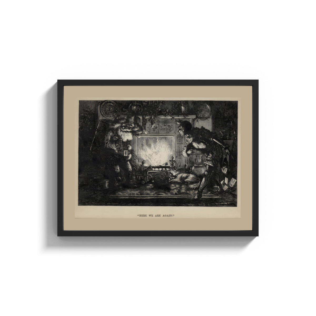 Framed Santa Claus meeting Punch at fireplace print shown as a wide statement piece on a clean white wall