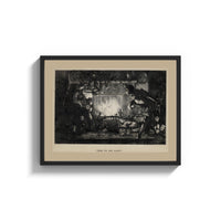 Framed Santa Claus meeting Punch at fireplace print shown as a wide statement piece on a clean white wall
