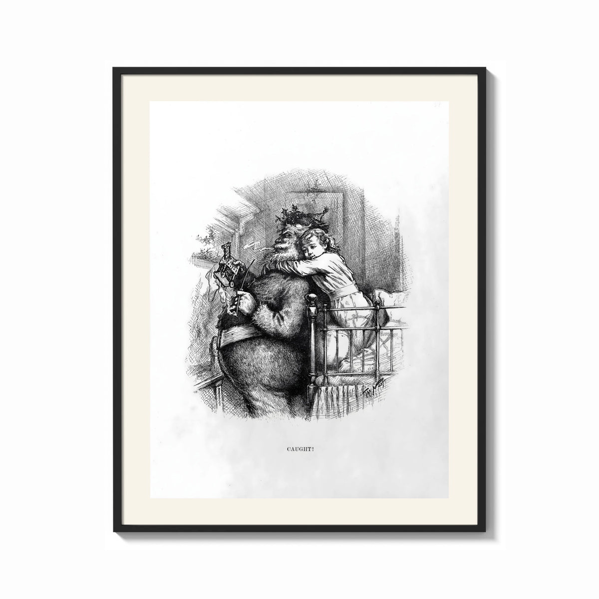 Framed Santa Claus hugged by young child print shown as a bold statement piece on a clean gallery wall