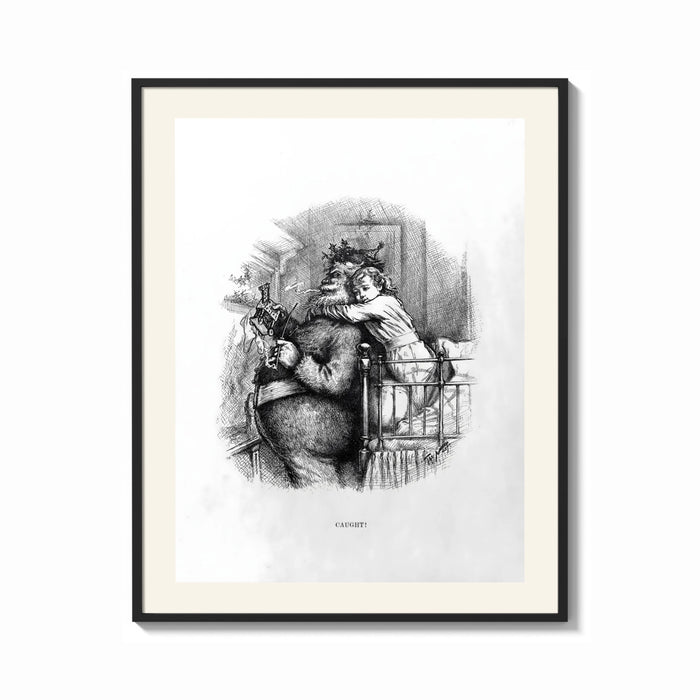 Framed Santa Claus hugged by young child print shown as a bold statement piece on a clean gallery wall