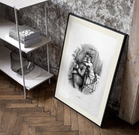Santa Claus hugged by young child poster in a black frame leaning beside a shelf in a raw-plaster loft