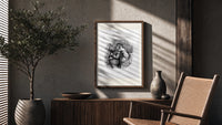 Santa Claus hugged by young child poster framed above a fluted sideboard beside an olive tree